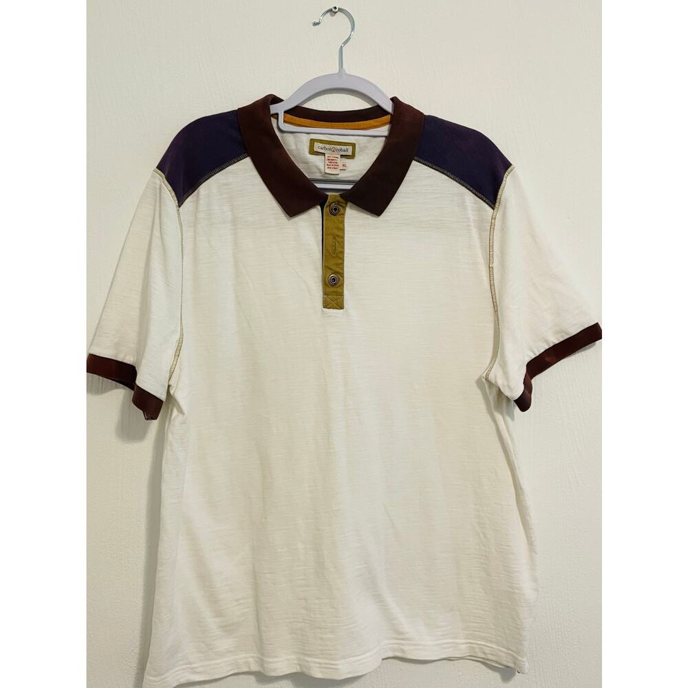 Carbon 2 Cobalt Men's SZ XL Polo Shirt Purple & Beige Trim 100% Cotton